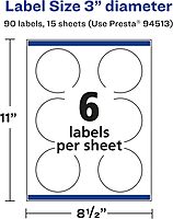 Avery Matte White Removable Round Labels, Sure Feed Technology, Print-to-The-Edge, 3" Diameter, 90 Removable Labels, Laser/Inkjet Printable 90 labels