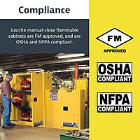 Justrite 22 Gallon Manual Close Slimline Flammable Storage Cabinet, 18 Gauge Steel, 3 Shelves, 2 Door Fire Cabinet