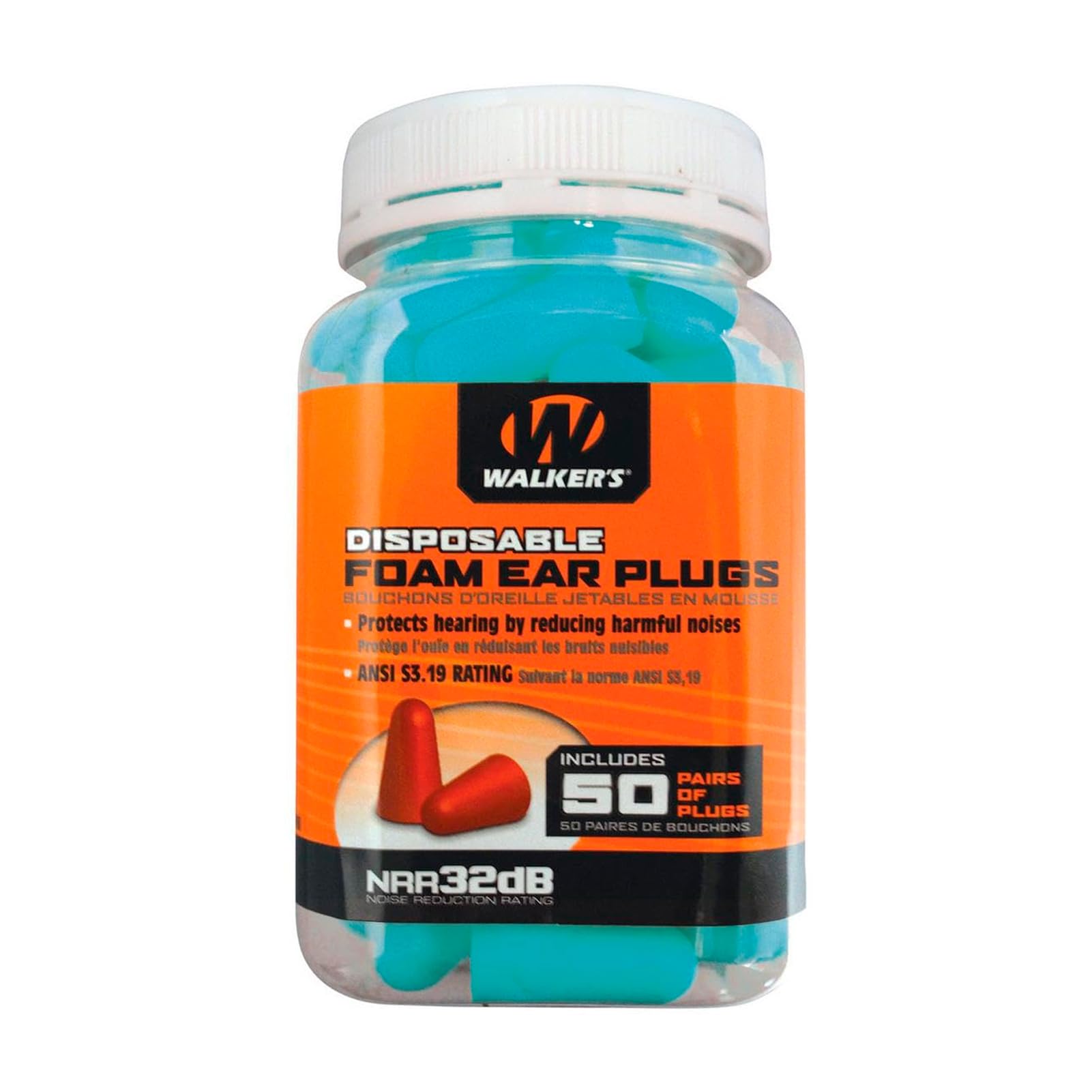 WALKER'S 32dB Noise-Canceling ANSI S3.19 Foam Earplugs, Security Sealed Jar