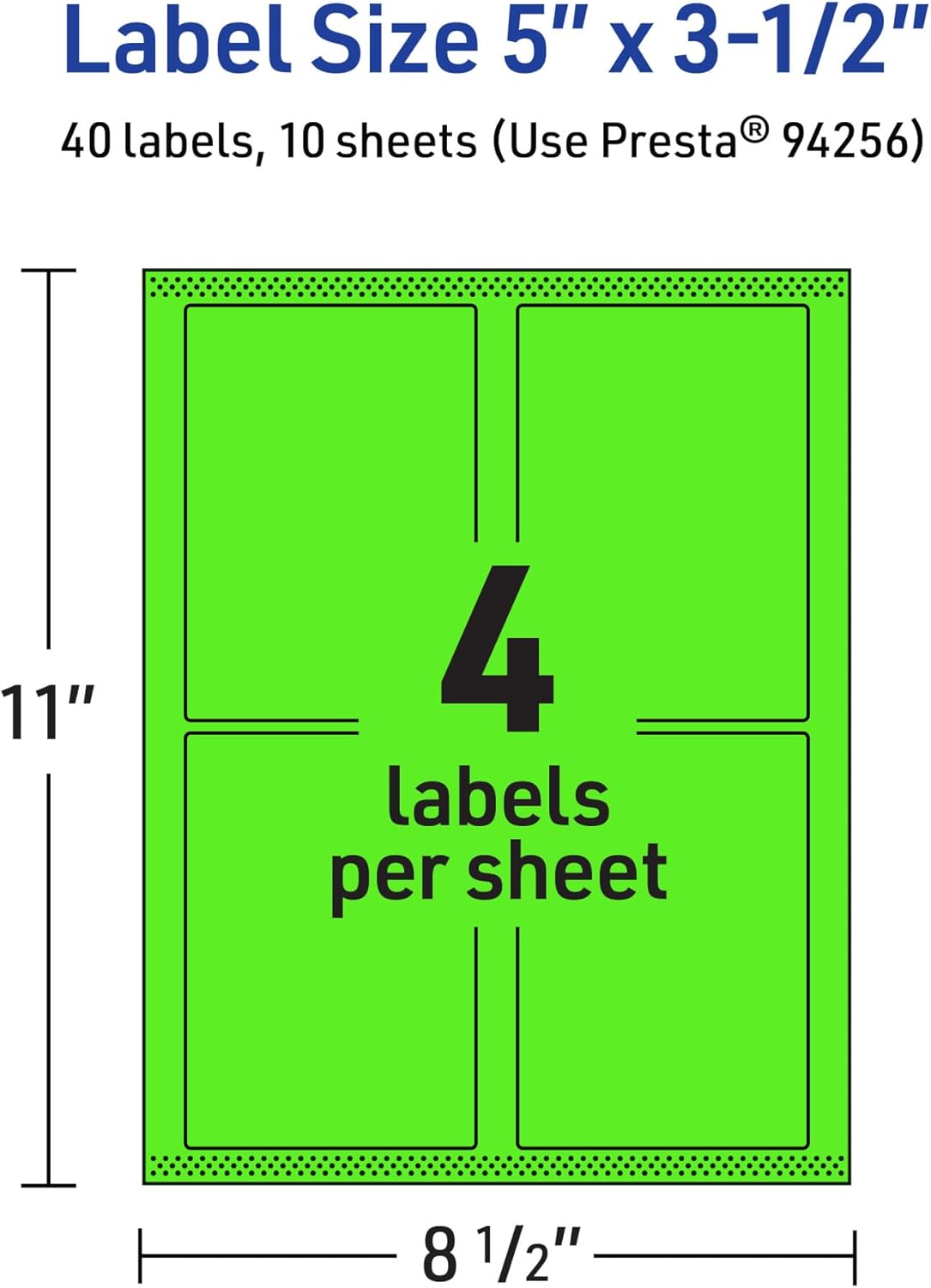 Avery Printable Rectangle Labels, Sure Feed Technology, 5" x 3.5", Neon Green Labels, Laser/Inkjet Printable, 40 Total