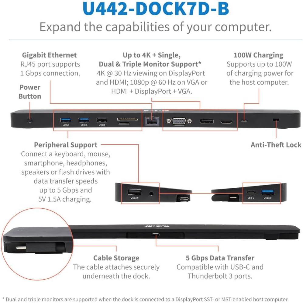 Tripp Lite USB-C Docking Station with Triple Display, 4K HDMI @ 30 Hz, DisplayPort, VGA, USB-A 3.2 Gen 1