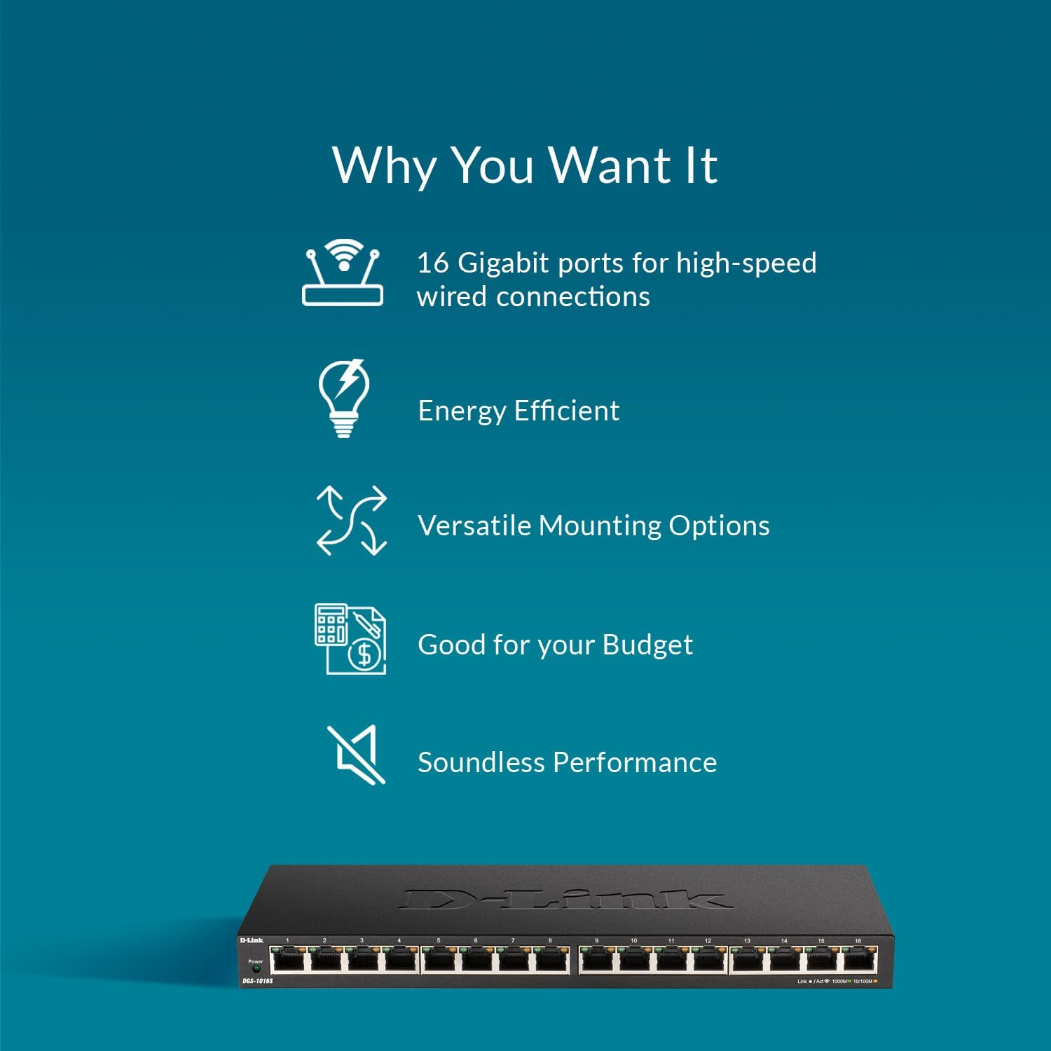 D-Link Ethernet Switch, 16 Port Gigabit Slim Switch Plug and Play, Unmanaged, Metal Housing, Quiet Fanless Design