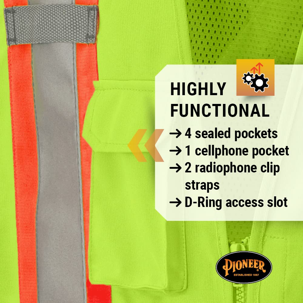 Pioneer Hi Vis Tear-Away Mesh Back Safety Vest - Reflective Tape, 4 Pockets
