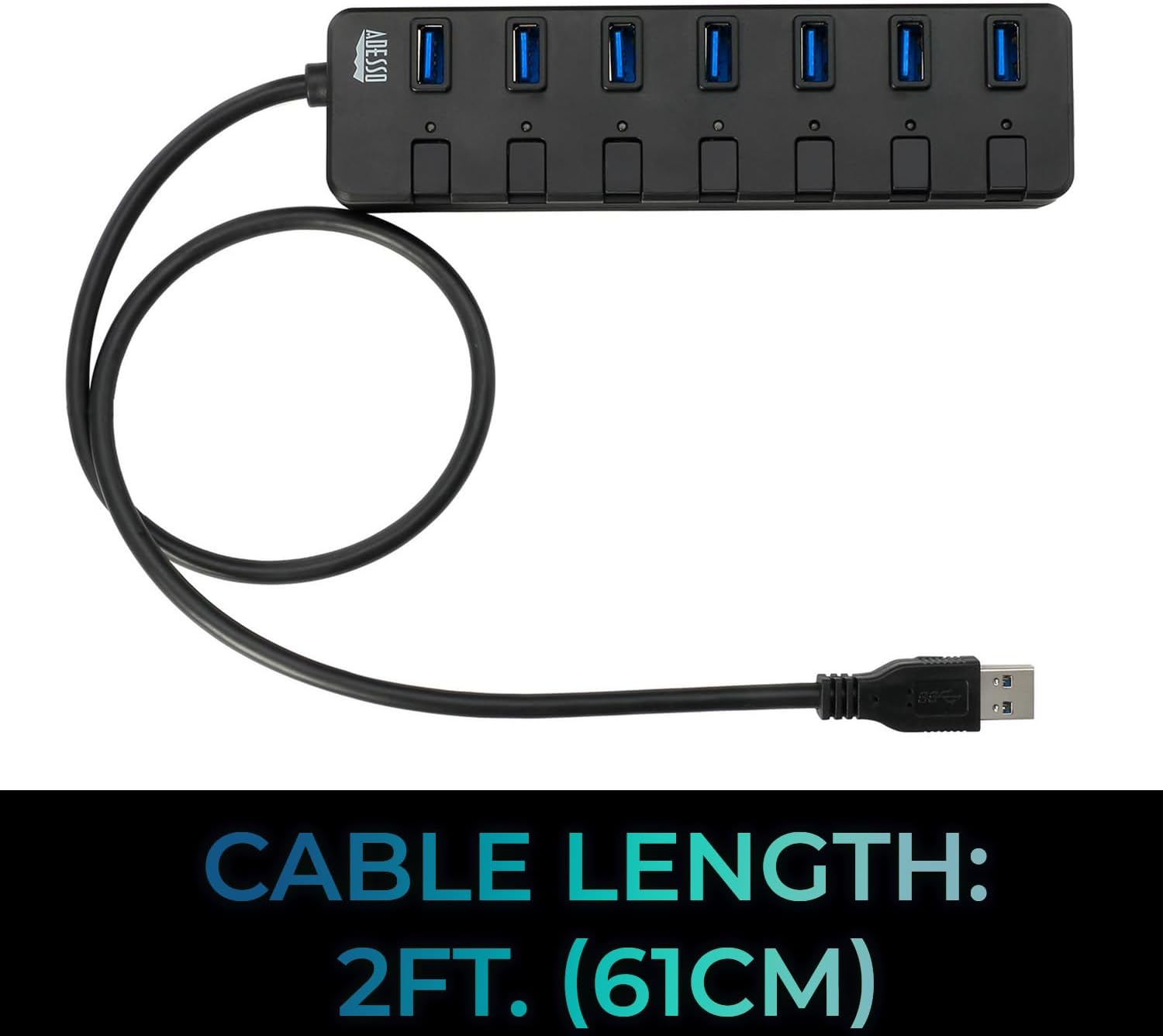 Adesso 7-Port USB 3.0 Hub with Individual Power Switch & Power Adapter