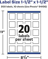 Avery Glossy White Square Labels, Sure Feed Technology, 1.5" x 1.5", 200 Glossy White Labels, Print-to-The-Edge, Permanent Adhesive, Laser/Inkjet Printable 200 labels