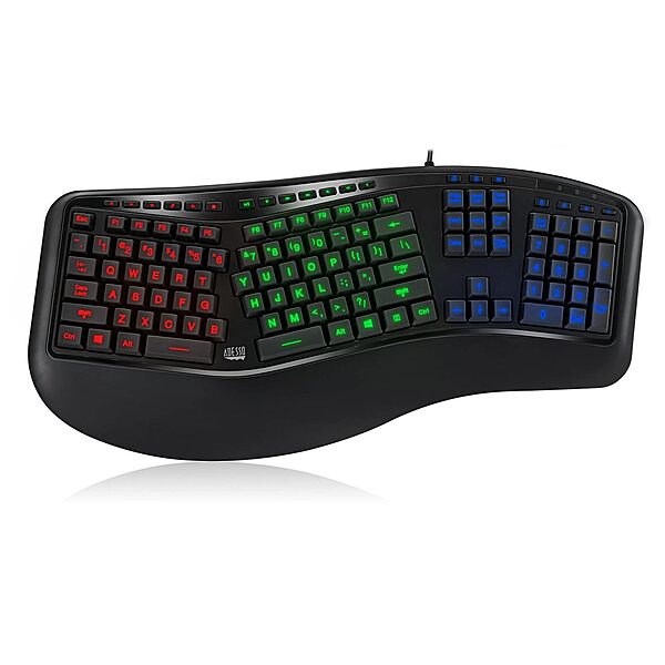 Adesso Tru-Form 150 3-Color Illuminated USB Ergonomic Keyboard, Black, AKB-150EB