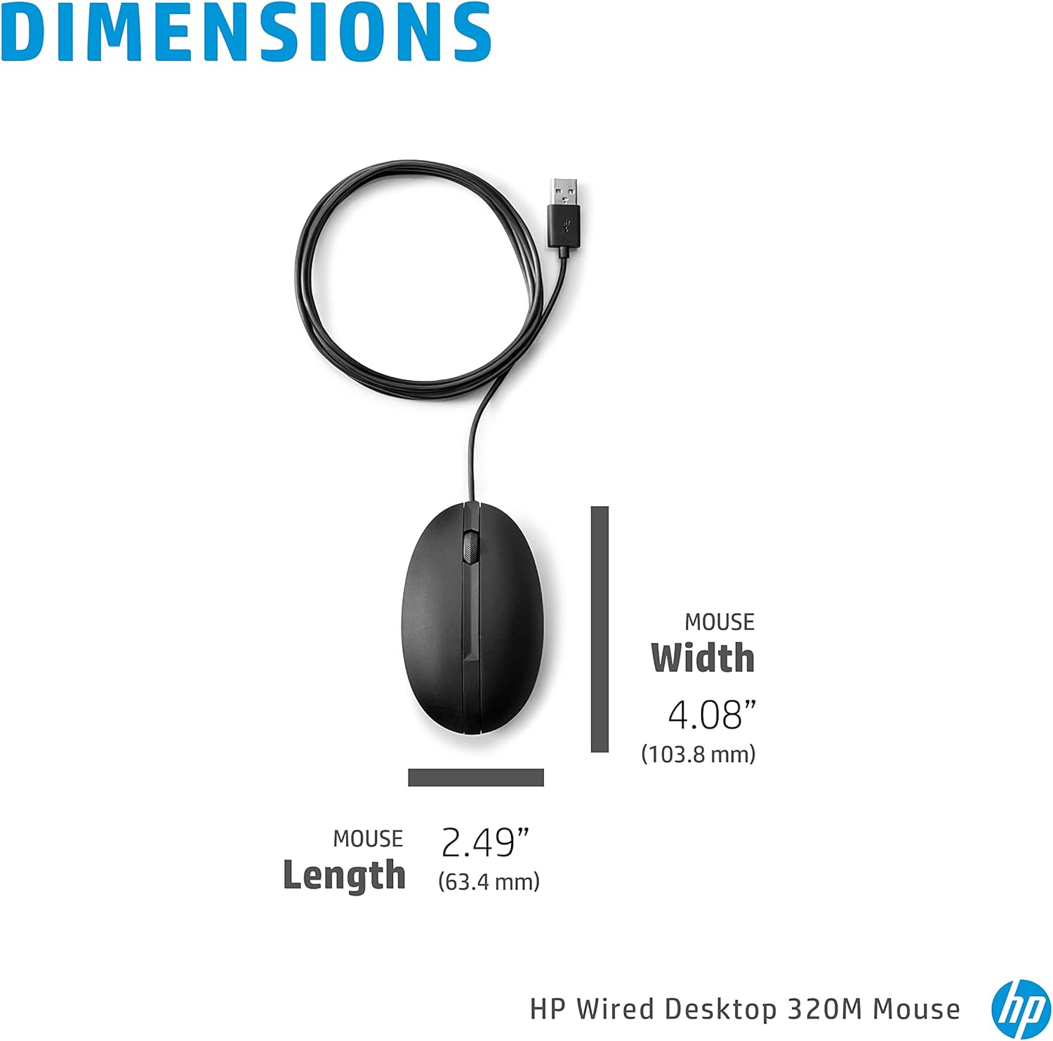 HP Wired Desktop 320M Mouse - Optical - Cable - USB - 1000 dpi - Scroll Wheel - 3 Button(s) - Symmetrical
