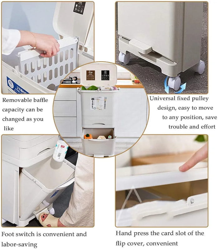 45L 2 COMPARTMENTS REFUSE BIN /TRASH CAN  WITH ANTI ODOUR  LID AND 2 LAYERS STORAGE