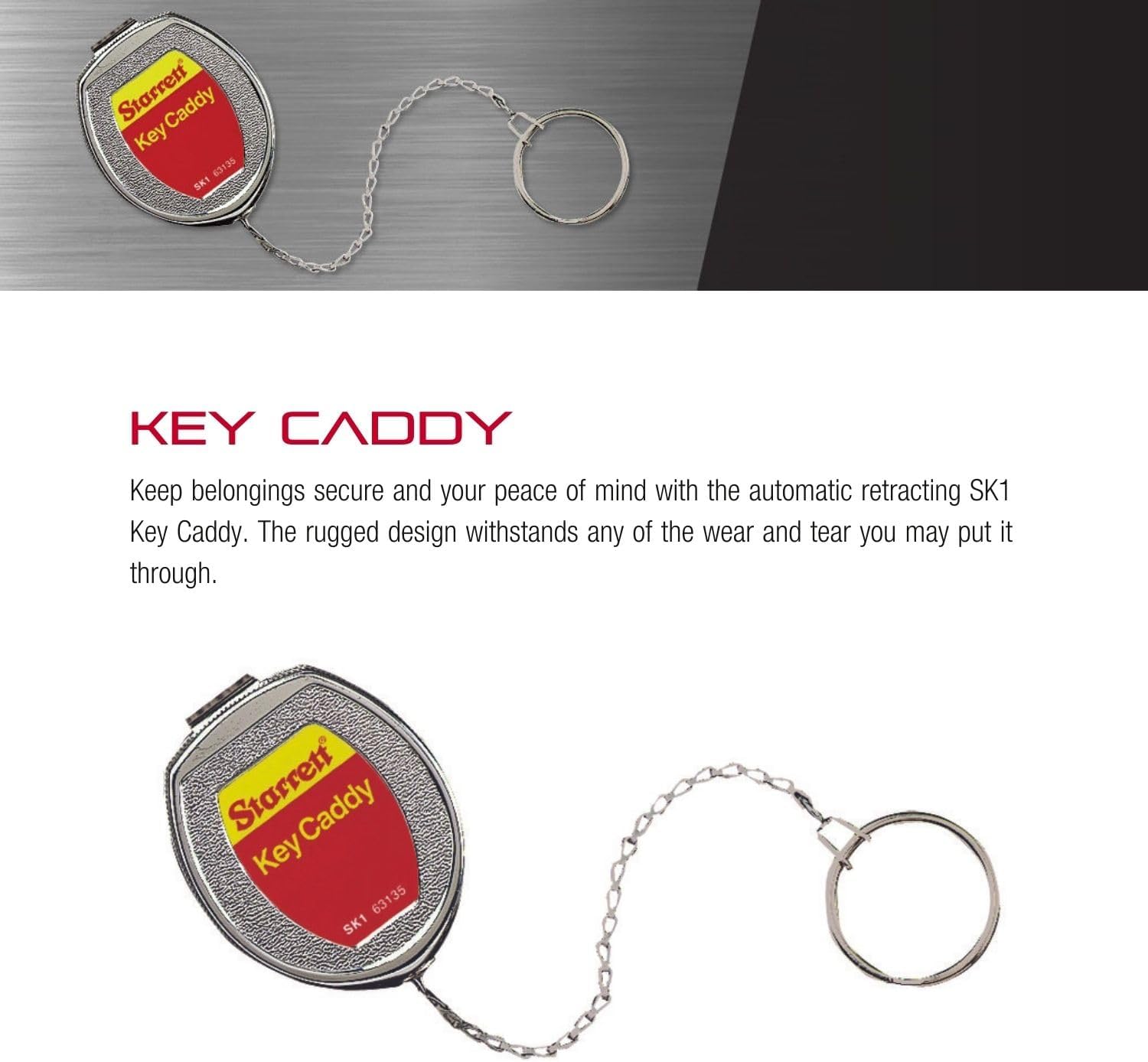 Starrett Key Caddy with 21" Stainless Steel Chain, Heavy-Duty Die-Cast Zinc Case, Large Key Ring, Retractable Design - SK1