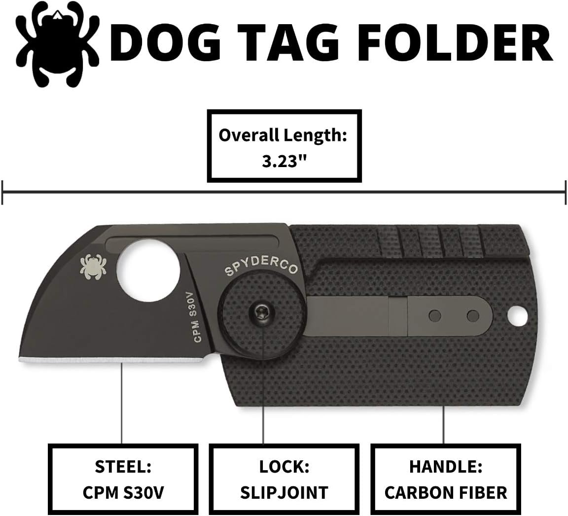 Spyderco Dog Tag Non-Locking Knife with 1.23" CPM S30V Steel Blade and Durable Black Carbon Fiber Handle - PlainEdge