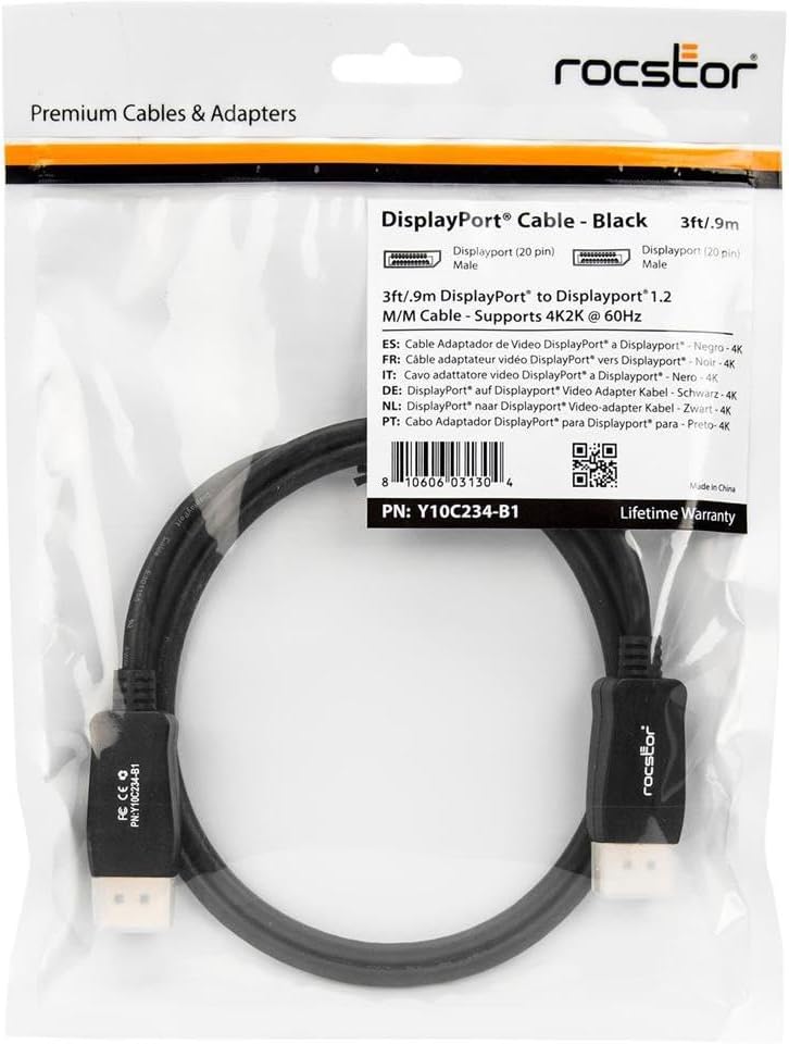 Rocstor Premium 3ft / 1m DisplayPort 1.2 Cable M/M - DisplayPort 4k - DisplayPort Male Digital Audio/Video - 3ft