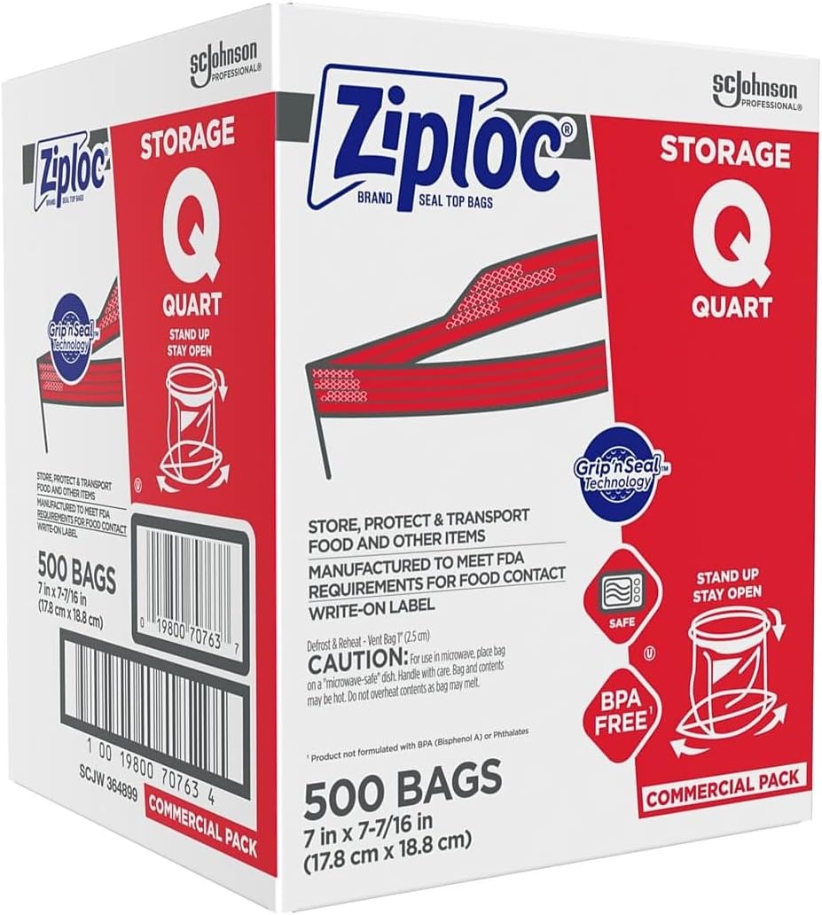 Ziploc Double Zipper Storage Bags, Quart, 500 Bags/Carton (682256)