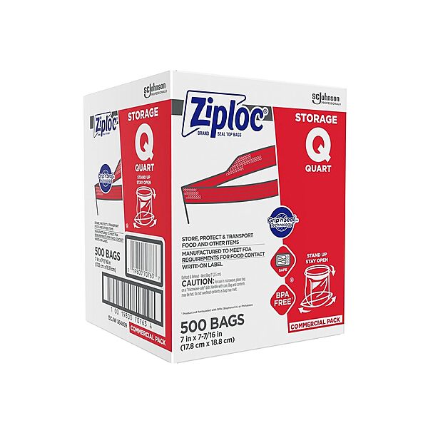 Ziploc Double Zipper Storage Bags, Quart, 500 Bags/Carton (682256)