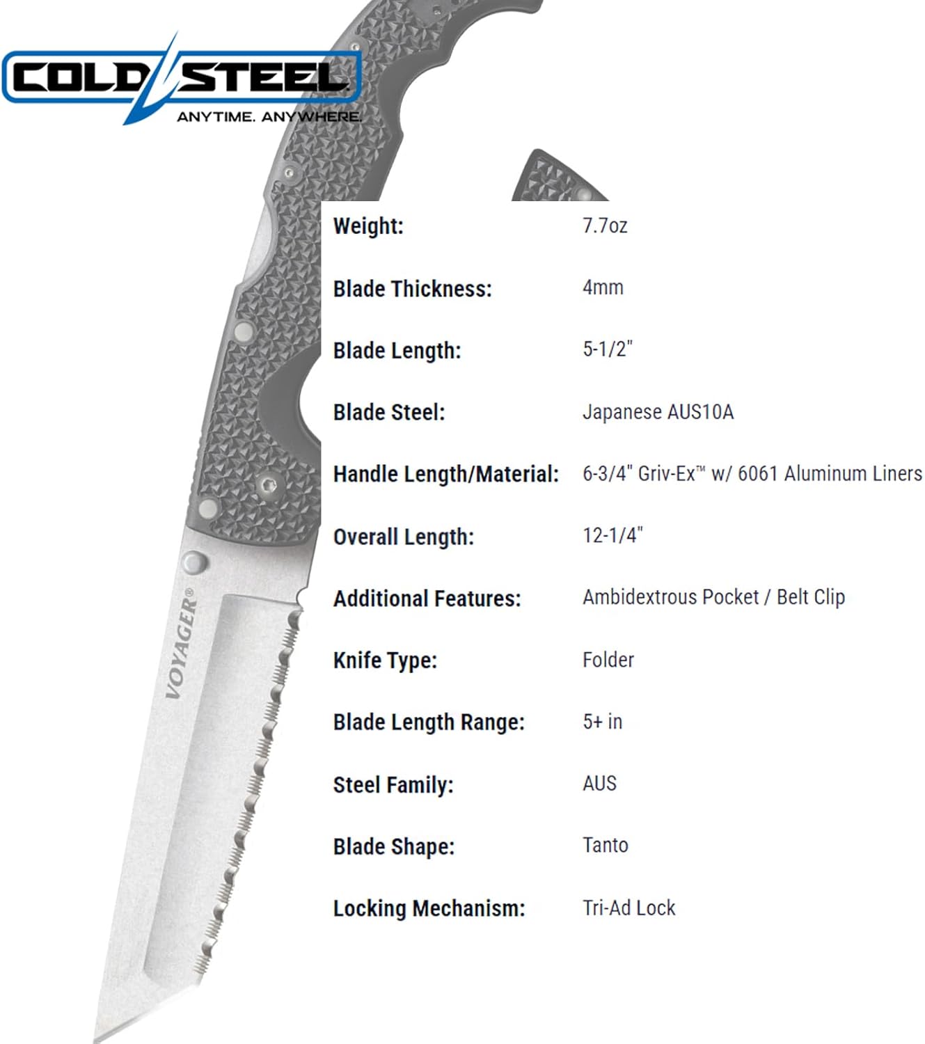 COLD STEEL XL Voyager 5.5 AUS10A Tanto Folding Knife with Griv-Ex Handle & Tri-Ad Lock