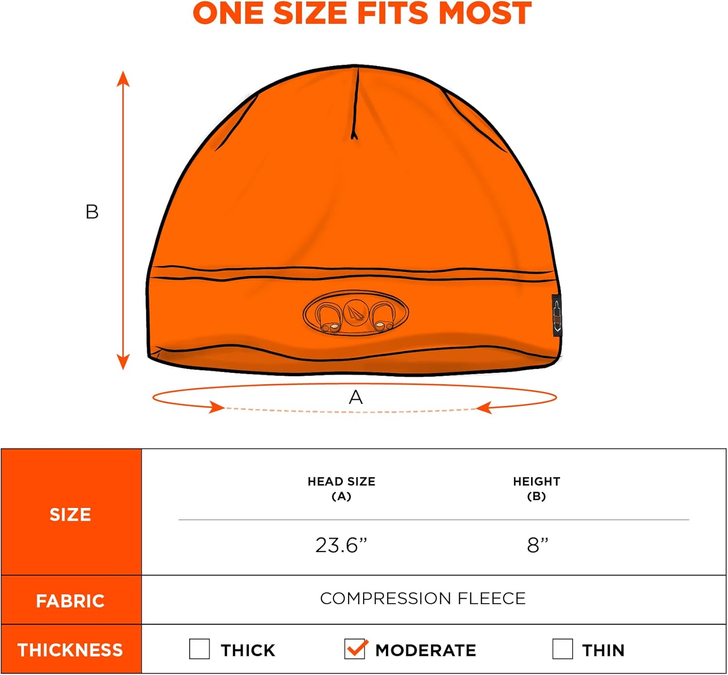 Ergodyne N-Ferno 6804 LED Light Fleece Skull Cap Beanie Hat, Orange, One Size