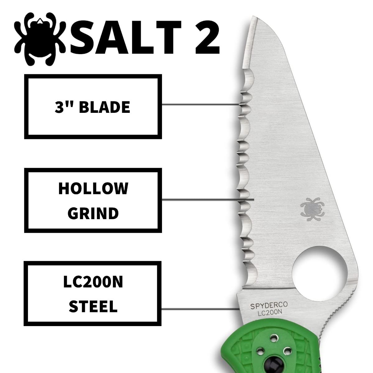 Spyderco Salt 2 Knife with LC200N Steel Blade and Lightweight FRN Green Handle - SpyderEdge - C88FSGR2