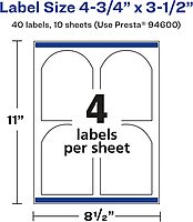 Avery Glossy White Arched Labels, Sure Feed Technology, 4.75" x 3.5", 40 Glossy White Labels, Print-to-The-Edge, Permanent Adhesive, Laser/Inkjet Printable 40 labels