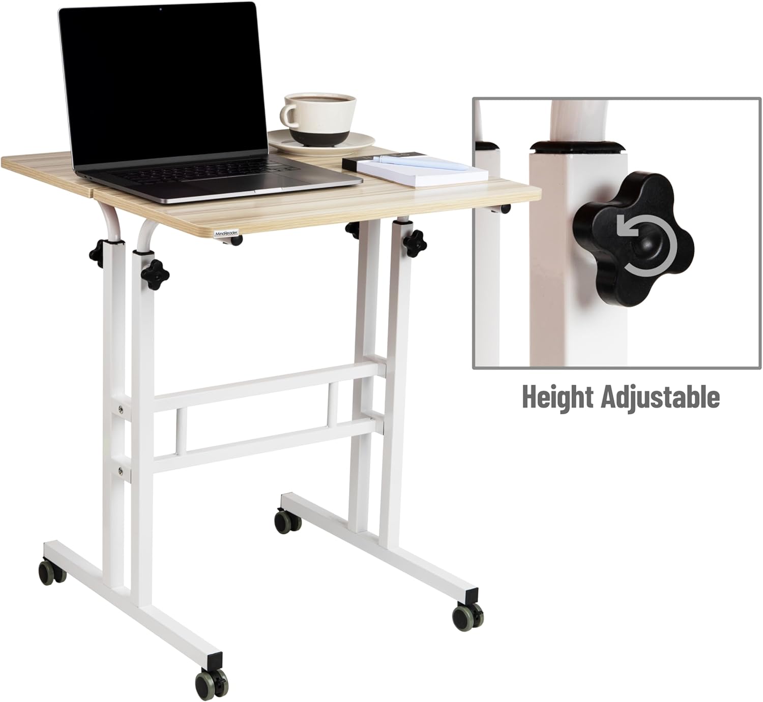 Mind Reader Standing Desk, Adjustable Height, Computer Desk, Laptop Desk, Portable, Rolling, 38"L x 21.25"W x 45.25"H, White