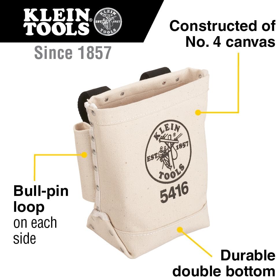 Klein Tools 5416 Tool Pouch, Small Tool Bag for Bolt Storage with Bull Pin Loops and Belt Strap Connect, 5 x 10 x 9-Inch