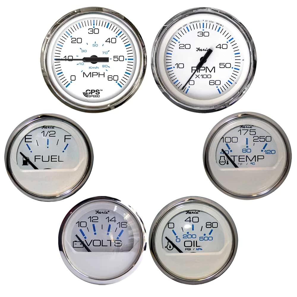 Faria Chesapeake White withStainless Steel Bezel Boxed Set of 6 - Speed, Tach, Fuel Level, Voltmeter