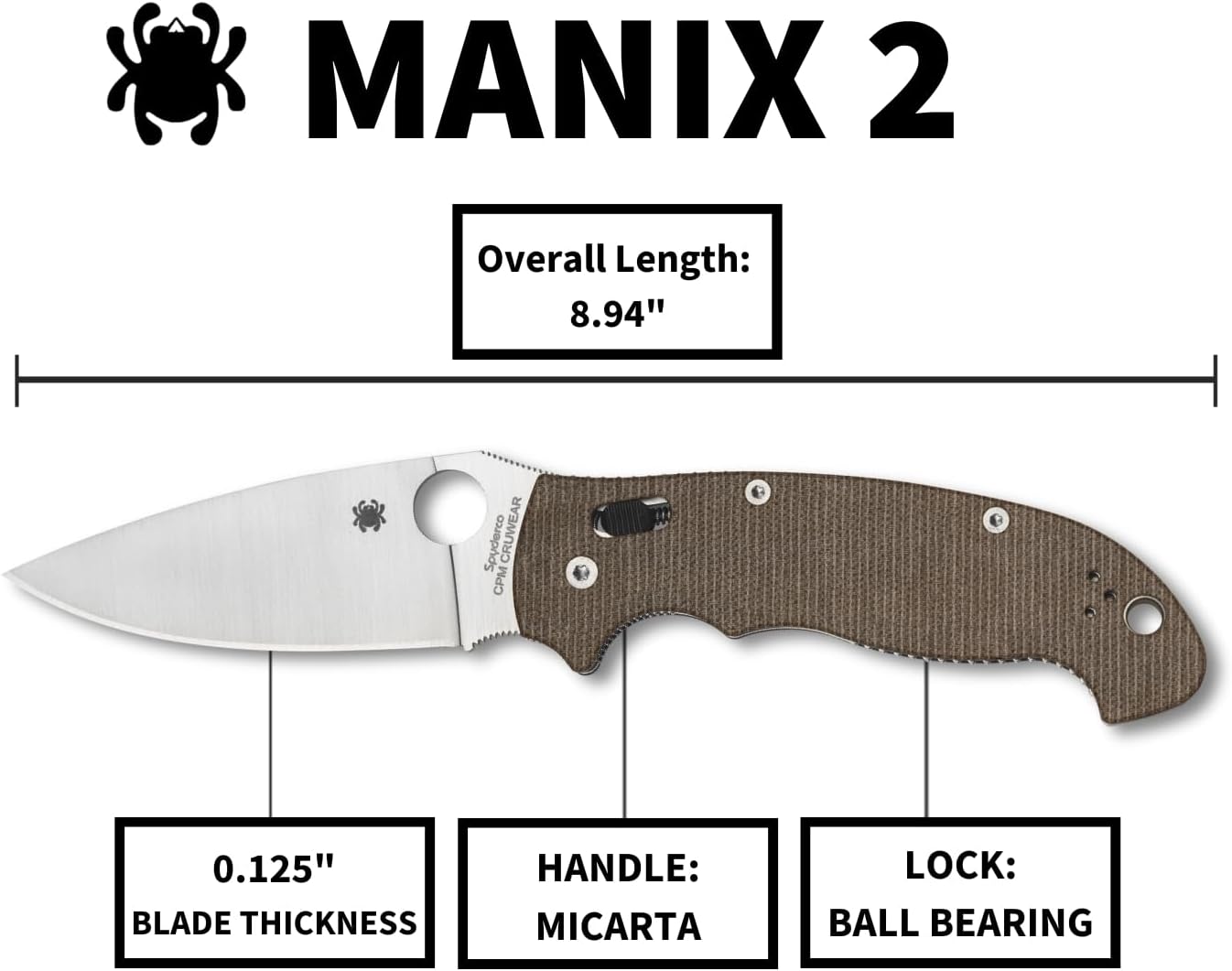 Spyderco Manix 2 XL Brown Canvas Micarta CPM Cru-Wear Folding Pocket Knife and Micarta Handle - PlainEdge - C95MPCW2