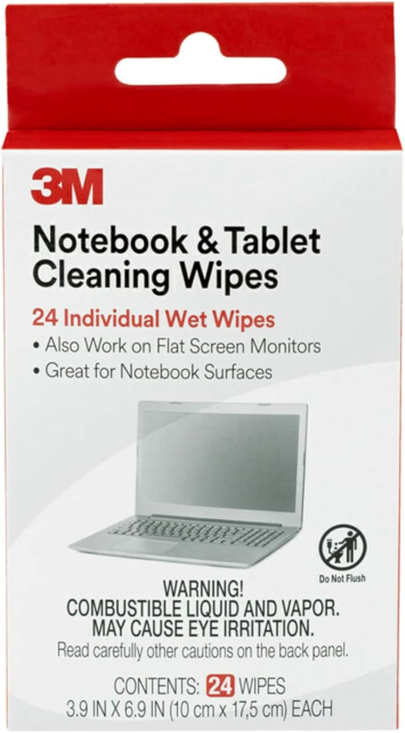 3M Notebook Screen Cleaning Wipes, 3.9 x 6.9 Inches (CL630), White, 24 individual wet wipes (Packaging may vary)