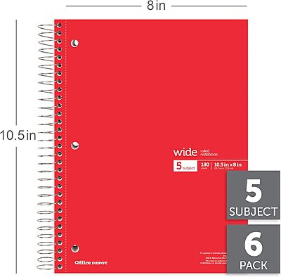 Office Depot® Wirebound Notebooks, 8" x 10-1/2", 5 Subjects, Wide Ruled, 180 Sheets, Assorted Colors, Pack Of 6 Notebooks