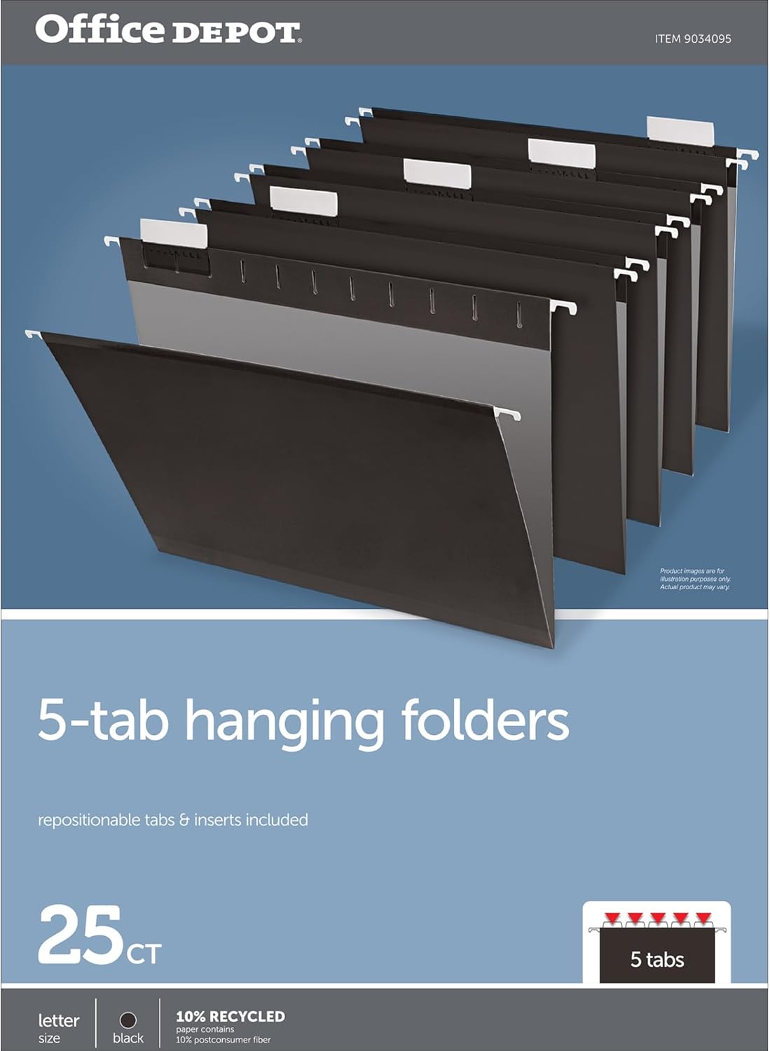 Office Depot® Brand Hanging File Folders, 1/5-Cut, Letter Size, Black, Pack of 25 Folders
