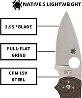Spyderco Native5 Lightweight Folding Knife - CPM 15V Steel Blade with FRN Handle, 2.95" Blade Length, Brown, PlainEdge - C41PBN15V5