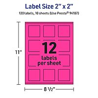 Avery Printable Square Labels, Sure Feed Technology, 2" x 2", Neon Magenta, Print-to-the-Edge, Laser/Inkjet