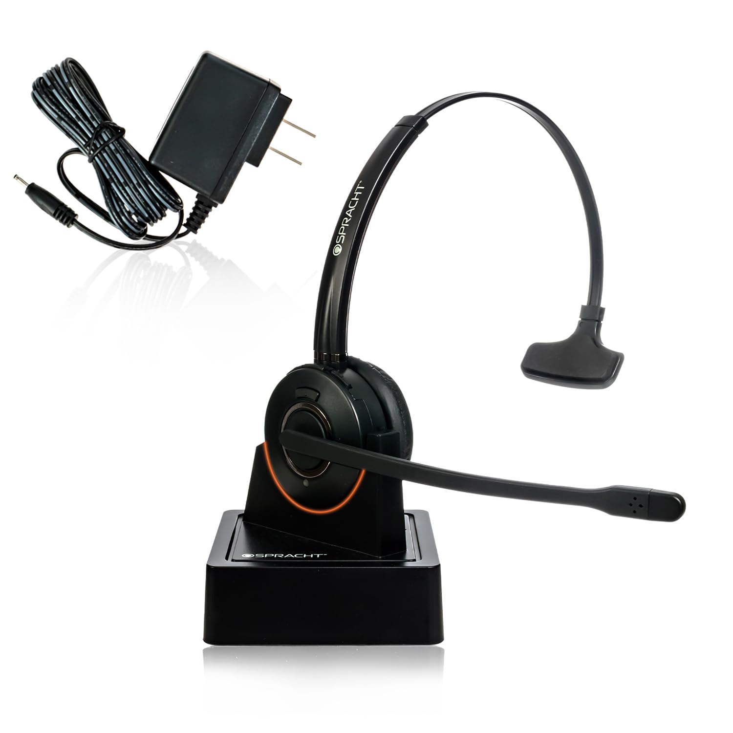 Spracht HS-2050 Single Ear Wireless Bluetooth Headset with Base Station | Noise Cancelling Headphones with Microphone for Pc
