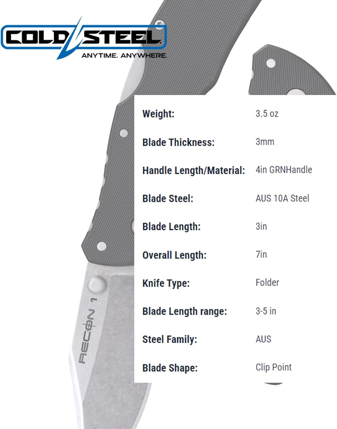 Cold Steel Mini Recon 1 3" AUS10A Folding Knife with 4" GFN Handle & Tri-Ad Lock