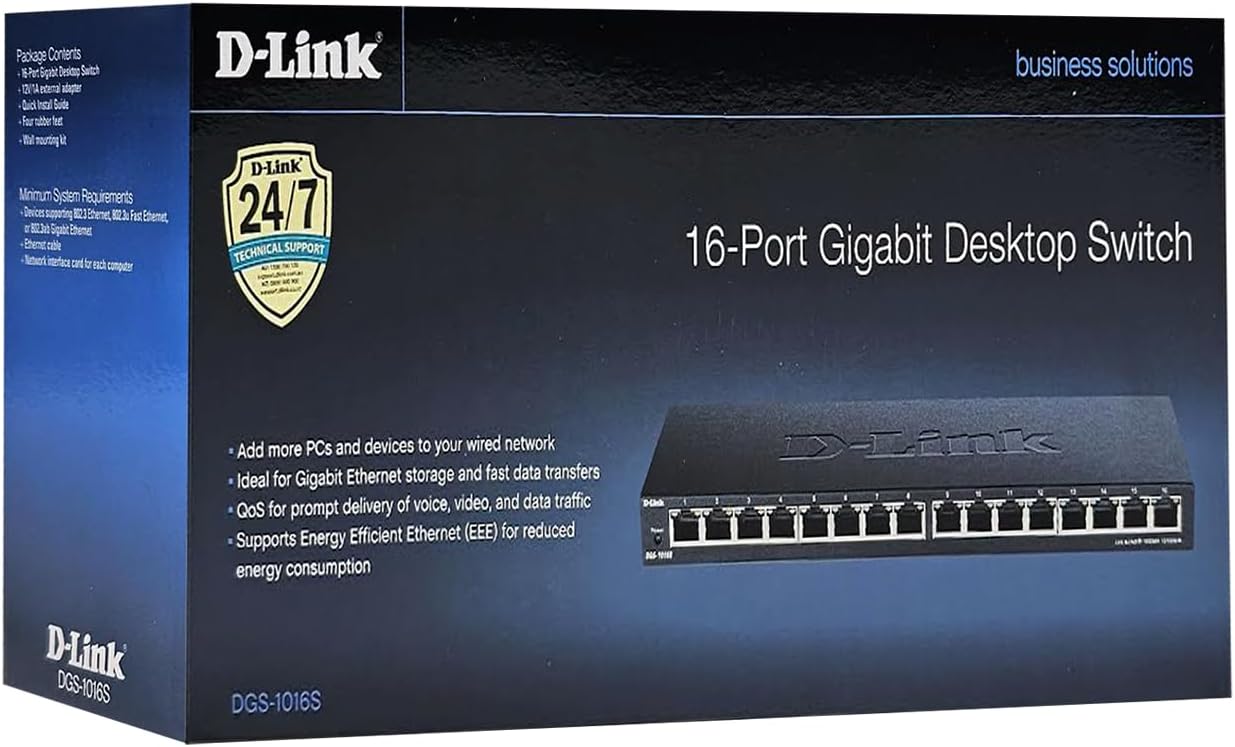 D-Link Ethernet Switch, 16 Port Gigabit Slim Switch Plug and Play, Unmanaged, Metal Housing, Quiet Fanless Design