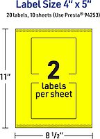 Avery Printable Rectangle Labels, Sure Feed Technology, 4\" x 5\", Neon Yellow, Print-to-The-Edge, Laser/Inkjet Printable