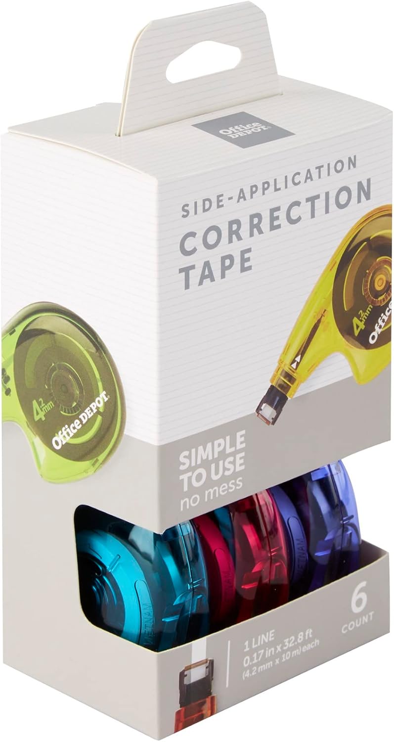 Office Depot Side-Application Correction Tape, 1 Line x 394in., Assorted Colors, Pack Of 6, 10847