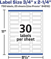 Avery Matte White Rectangle Labels, Sure Feed Technology, 0.75" x 2.25", Permanent Adhesive, Laser/Inkjet Printable