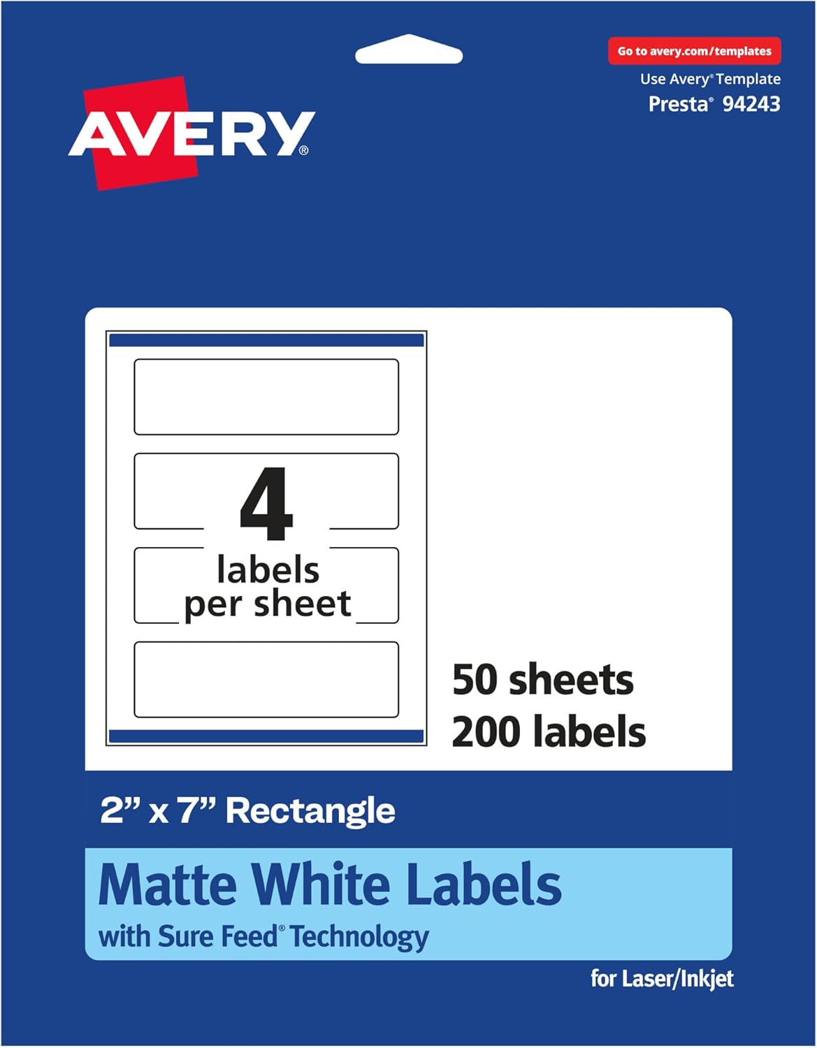 Avery Matte White Rectangle Labels, Sure Feed Technology, 2" x 7"