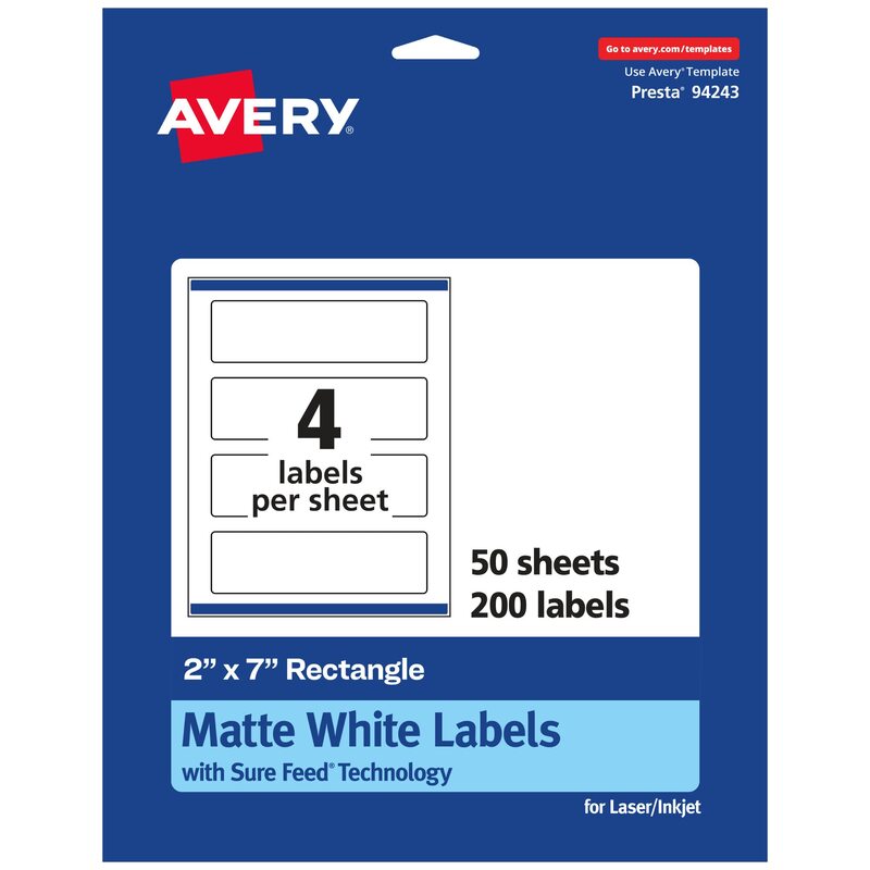 Avery Matte White Rectangle Labels, Sure Feed Technology, 2" x 7"