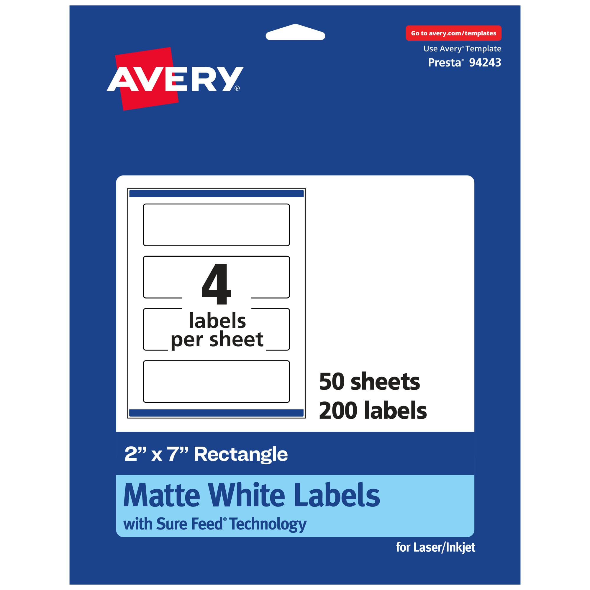 Avery Matte White Rectangle Labels, Sure Feed Technology, 2" x 7"