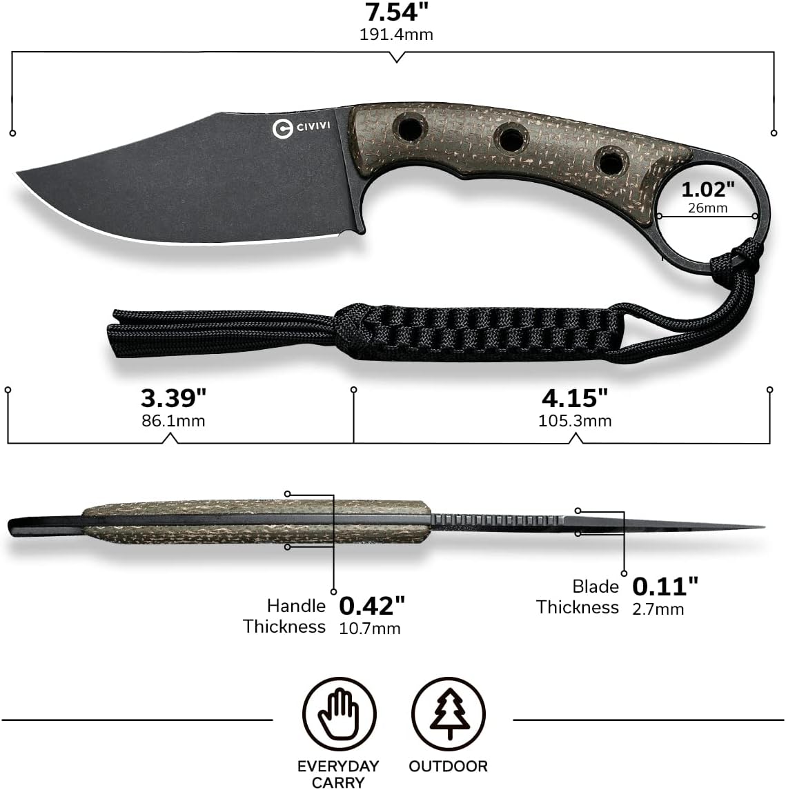 CIVIVI Midwatch Fixed Blade Knife, 3.39" Bohler N690 with Kydex Sheath