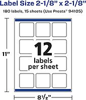 Avery Matte White Removable Square Labels, Sure Feed Technology, Print-to-The-Edge, 2-1/8" x 2-1/8", 180 Removable Labels, Laser/Inkjet Printable 180 labels
