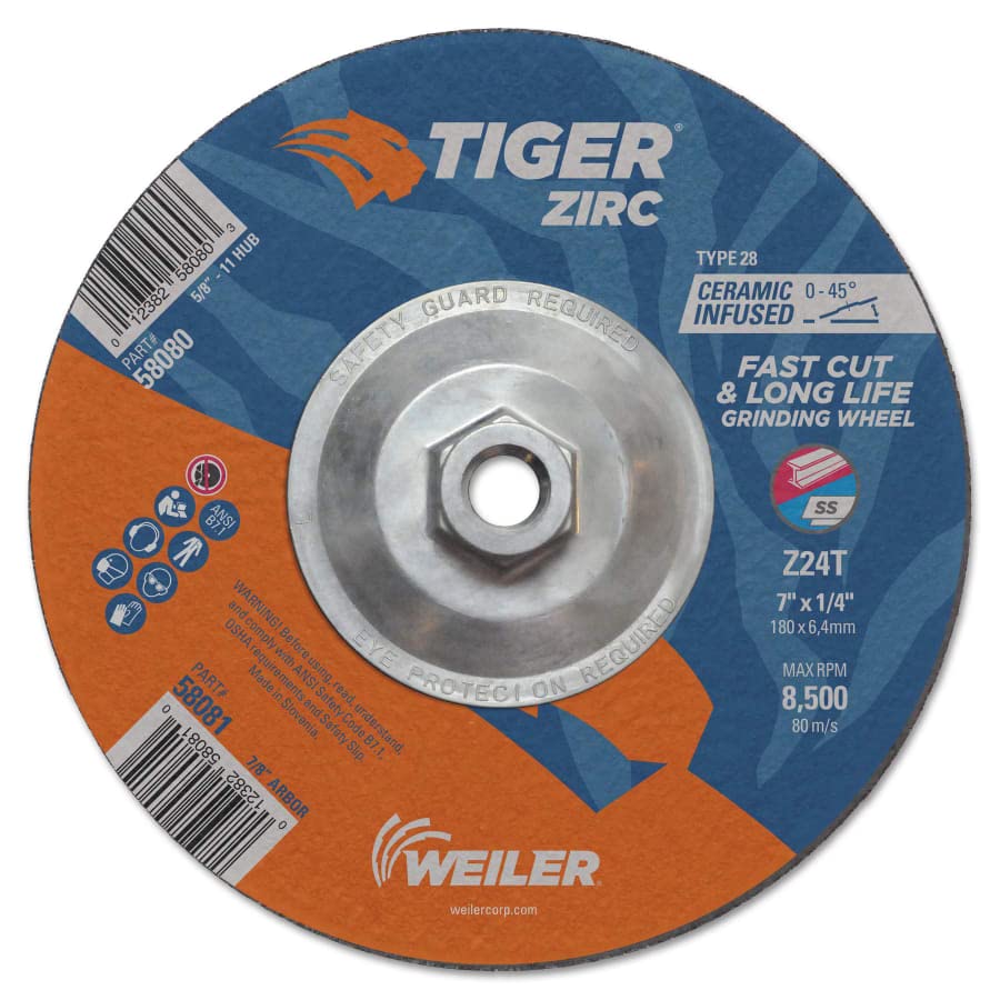 Weiler TIGER Zirc Concave (Type 28) Zirconium Grinding Wheel - 24 Grit - 7 in Diameter - 5/8 in - 11 Nut Center Hole