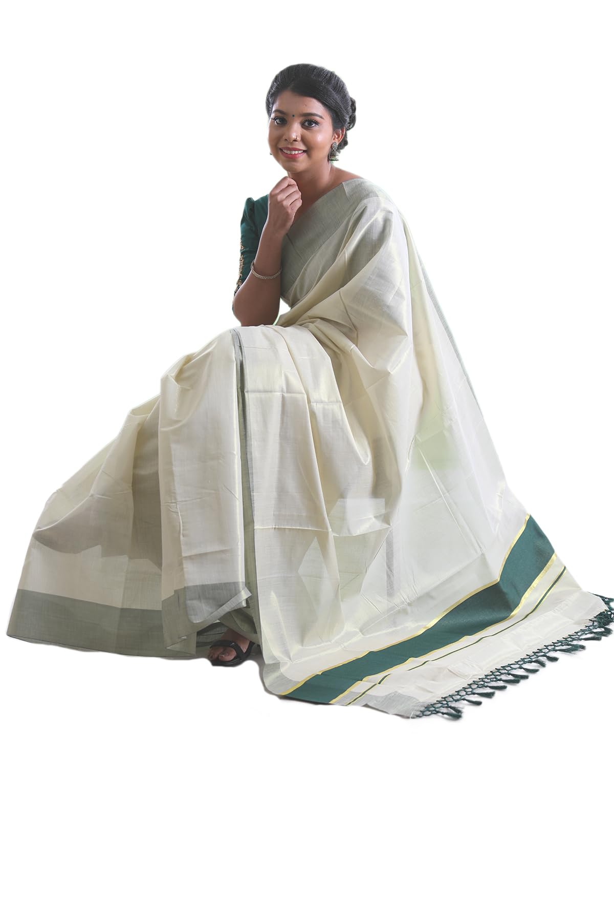 ALLUVY Kuthampully Kerala Saree |Traditional South Indian Sarees |Onam Tissue Kasavu Saree |Authentic South Cultural Sarees | Women's Plain Zari Kasavu | EKM-776 (Dark Green)