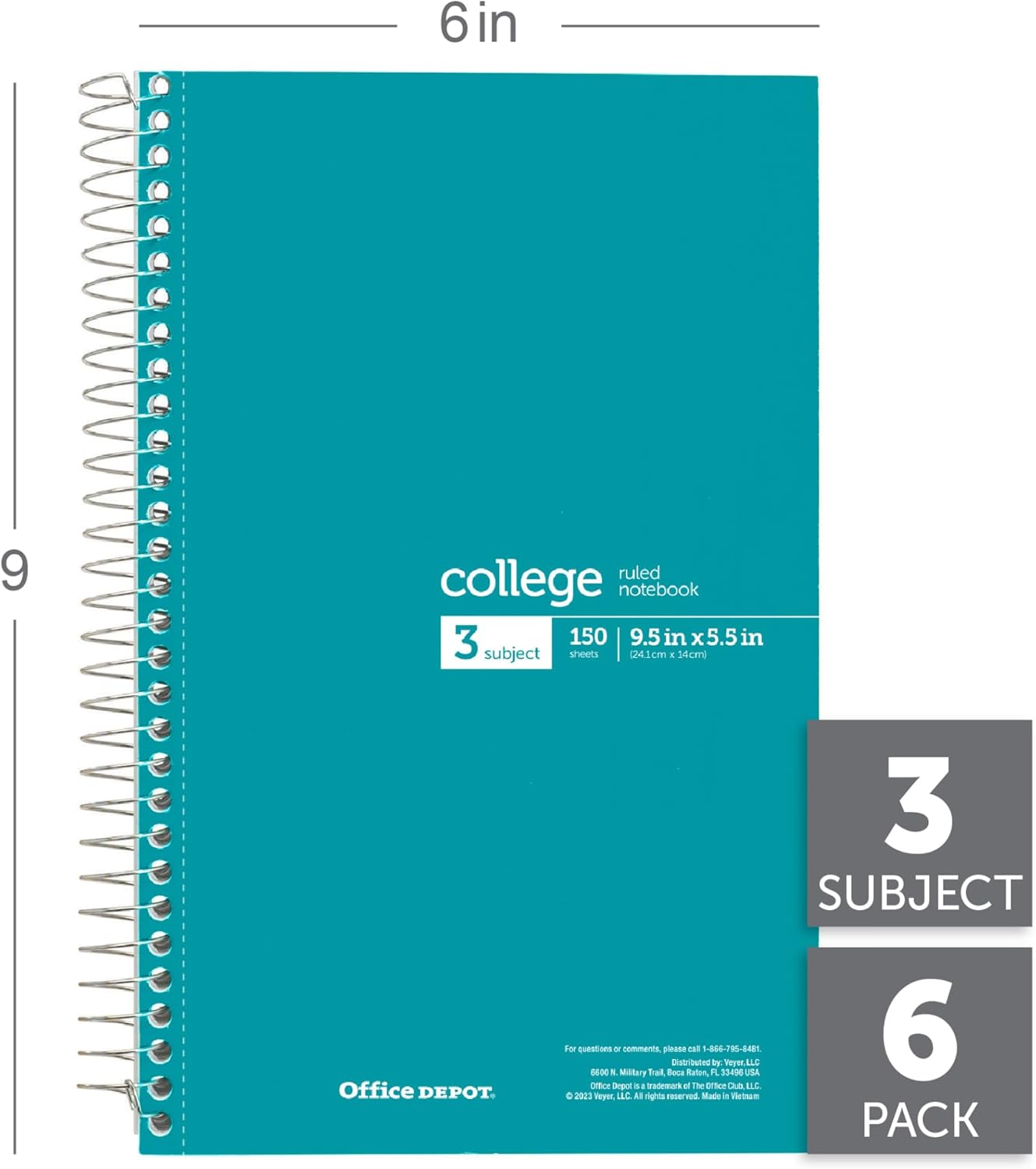 Office Depot® Wirebound Notebooks, 6" x 9-1/2", 3 Subjects, College Ruled, 150 Sheets, Assorted Colors, Pack Of 6 Notebooks