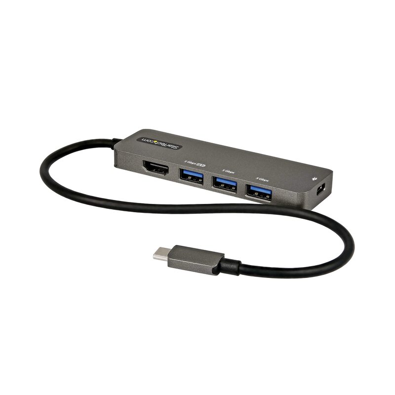 StarTech.com USB C Multiport Adapter - USB-C to HDMI 2.0b 4K 60Hz (HDR10), 100W Power Delivery Pass-Through, 4-Port USB 3.0 Hub - USB Type-C Mini Dock - 12" (30cm) Long Attached Cable (DKT30CHPD3)