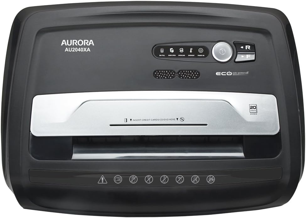 Aurora Anti-Jam 20-Sheet Crosscut CD/Paper and Credit Card Shredder, 7-Gallon pullout Basket