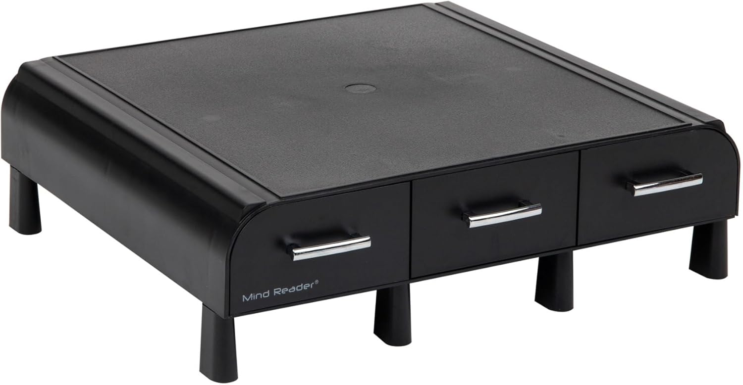 MIND READER Monitor Stand, Desktop Organizer with 3 Drawers, Plastic Riser, 13.5"L x 13"W x 4"H