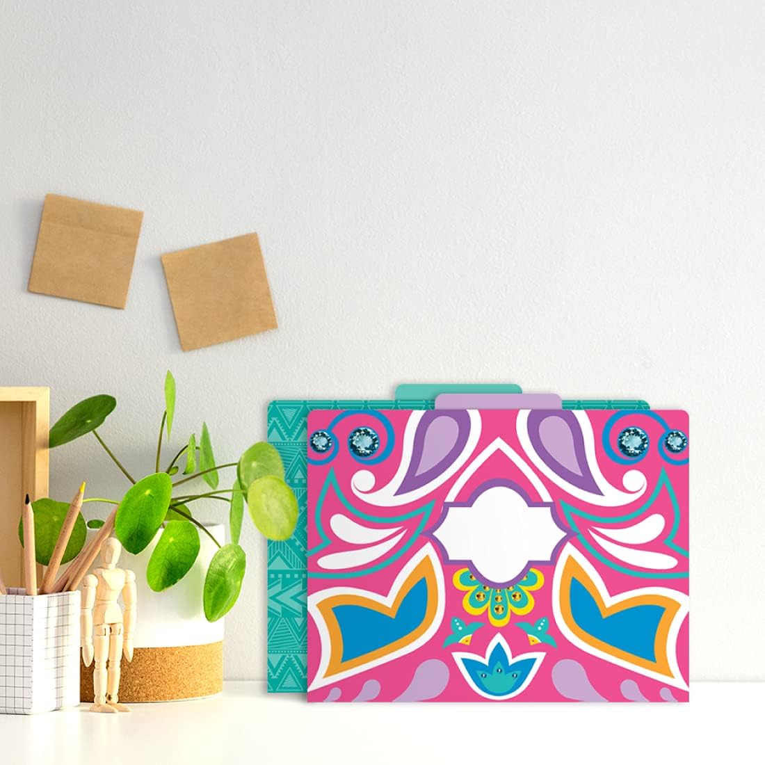 Barker Creek Designer File Folders, Bohemian, Multi-Design, Playful Patterns on Outside, Solid Colors on Inside, Letter Size