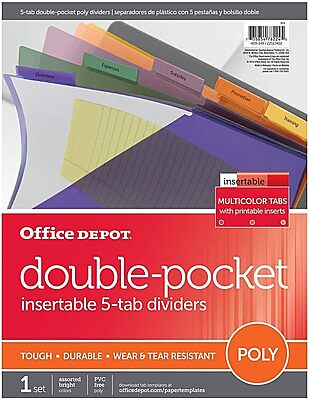 Office Depot® Brand Double Pocket Insertable Plastic Divider, 5-Tab, 9 1/2" x 11 1/4", Assorted Colors