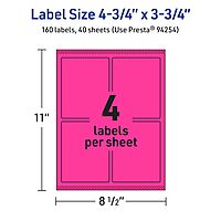 Avery Printable Rectangle Labels, Sure Feed Technology, 4-3/4" x 3-3/4", Neon Magenta, Print-to-The-Edge, Laser/Inkjet Printable